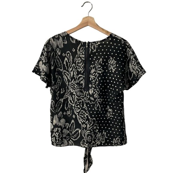 Collective Concepts Blouse Size Small Black Tan Chiffon Sheer Tie Front Boxy Fit - Picture 3 of 5